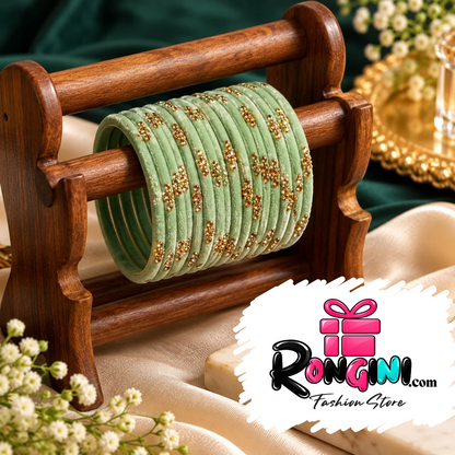 Sage Green Velvet Bangles with Gold Tone Stone Details