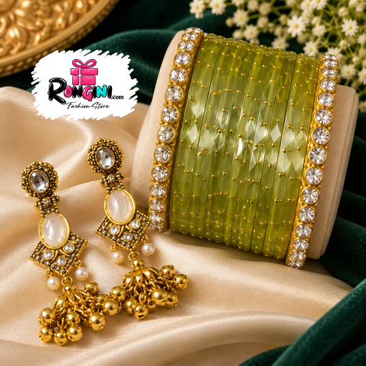 Sage Green Velvet Bangles with Gold Tone Stone Details