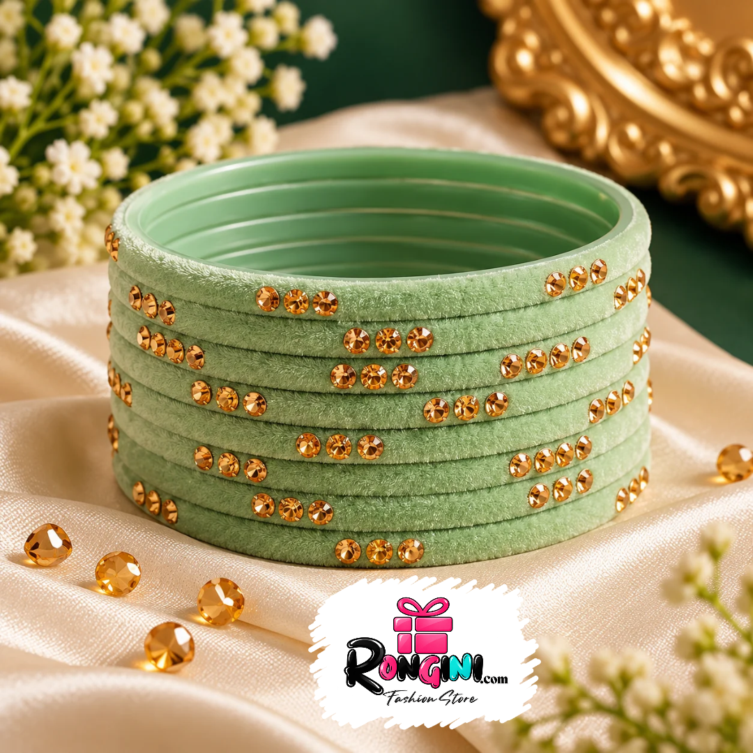 Sage Green Velvet Bangles with Gold Tone Stone Details
