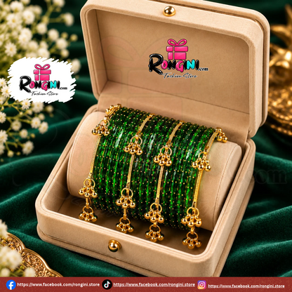 Green Glass Bangles with Gold Tone Hanging Charms