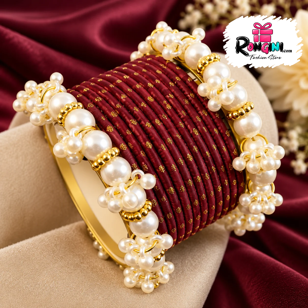 Maroon Velvet Bangles with Pearl Cluster Accents