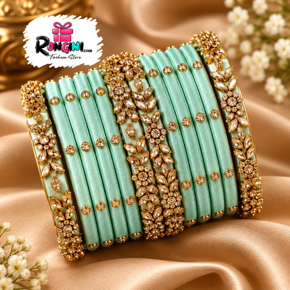 Coral Pink Velvet Bangles with Gold Tone Stone Details