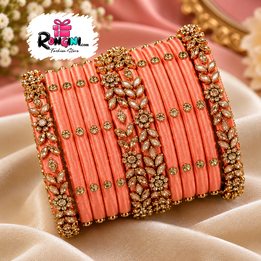 Coral Pink Velvet Bangles with Gold Tone Stone Details