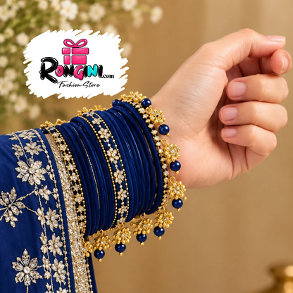 Navy Blue Velvet Bangles with Pearl Floral Accents