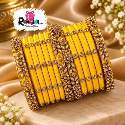 Coral Pink Velvet Bangles with Gold Tone Stone Details