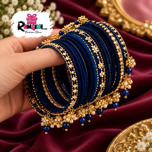 Navy Blue Velvet Bangles with Pearl Floral Accents