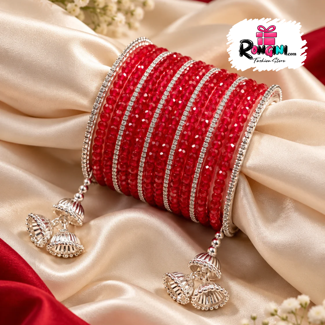 Red Crystal Bangles with Silver Tone Jhumka Charms
