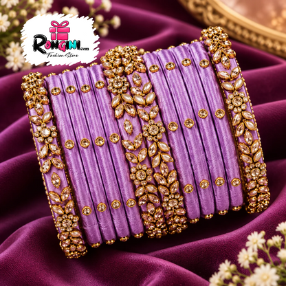 Coral Pink Velvet Bangles with Gold Tone Stone Details