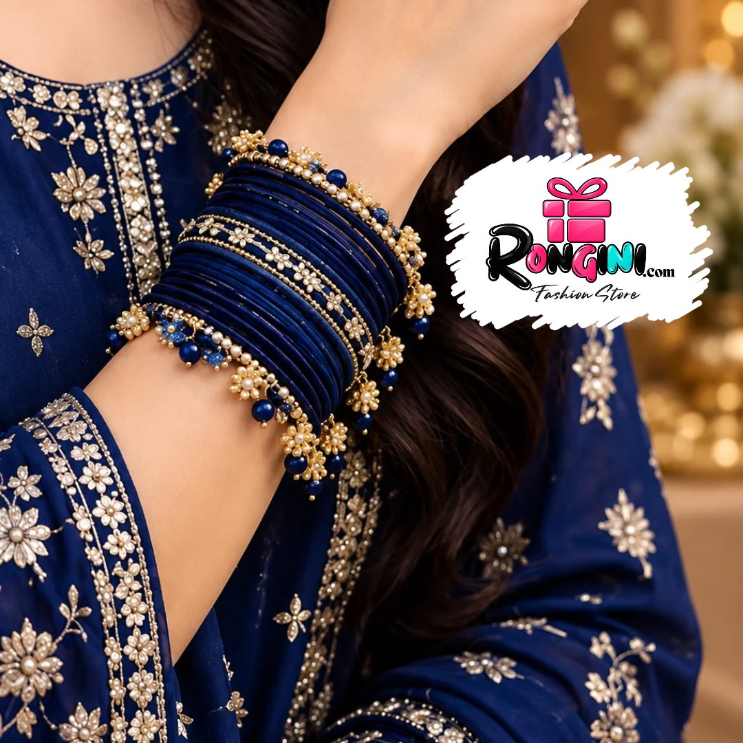 Navy Blue Velvet Bangles with Pearl Floral Accents