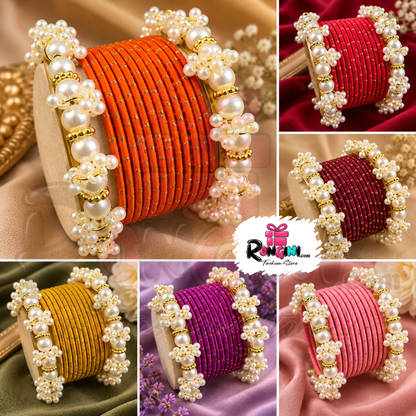 Pink Thread Bangles with Pearl and Gold Tone Details