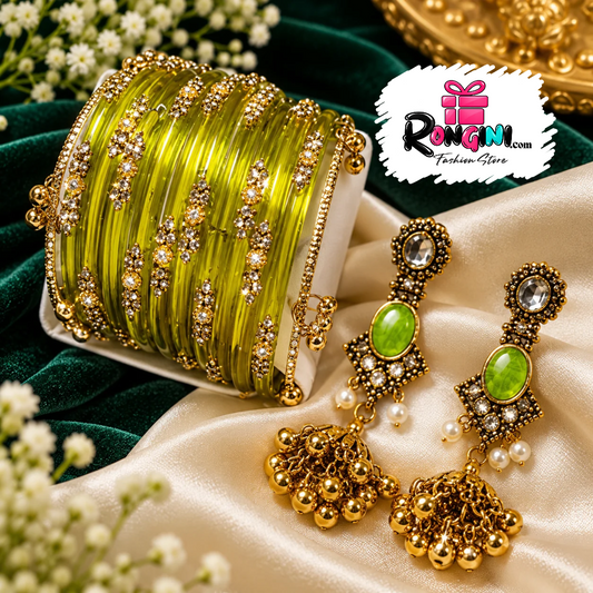 Lime Green Stone Studded Glass Bangles and Earrings Set