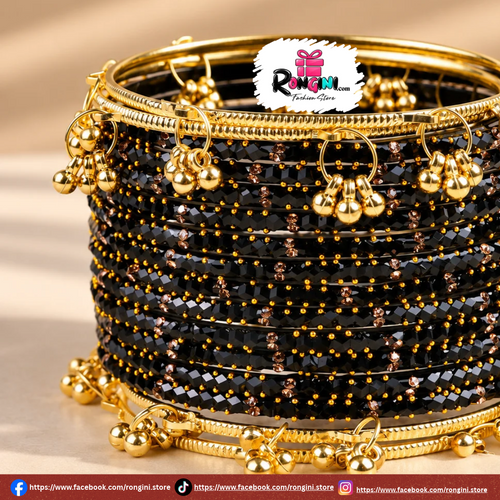 Black Beaded Bangles with Gold Tone Dangling Charms - Hover