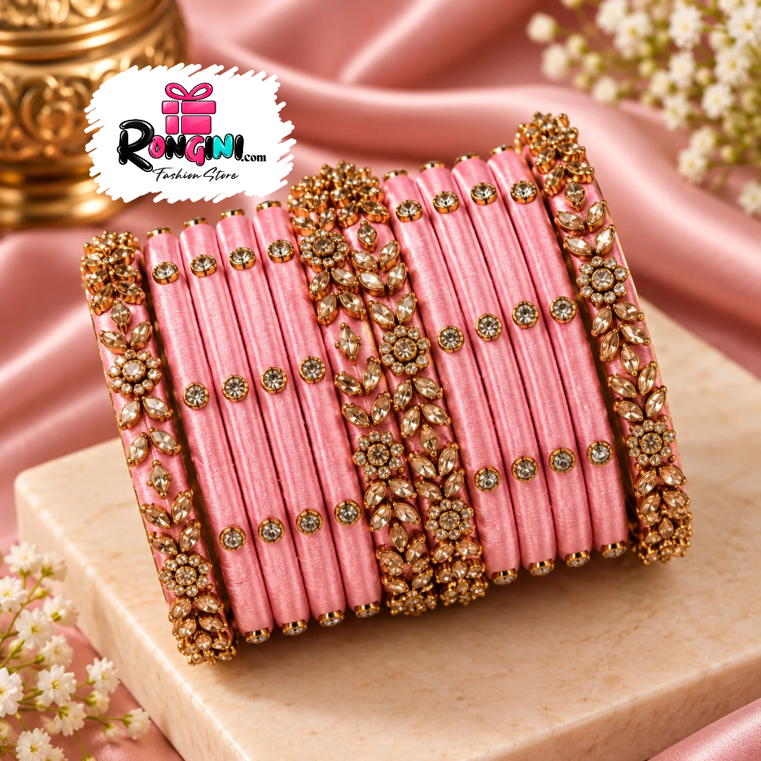 Coral Pink Velvet Bangles with Gold Tone Stone Details