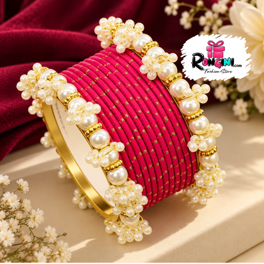 Pink Thread Bangles with Pearl and Gold Tone Details