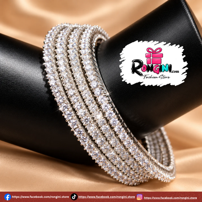 Crystal Stone Silver Tone Bangles Set for Women
