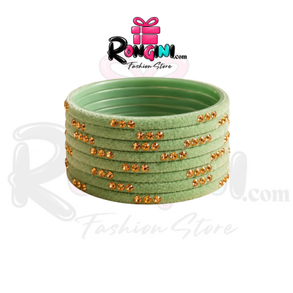 Sage Green Velvet Bangles with Gold Tone Stone Details