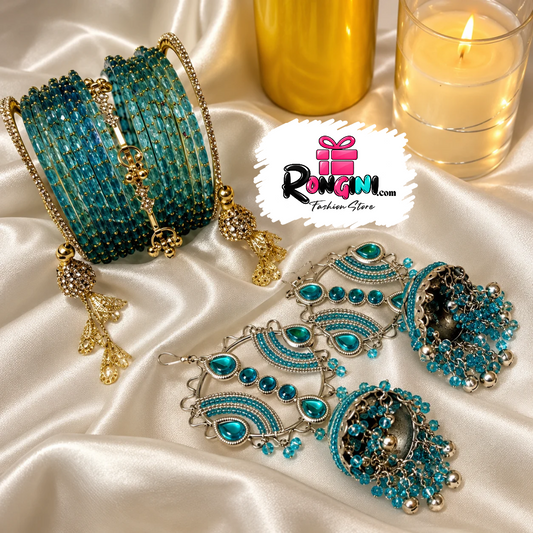Teal Beaded Bangles and Stone Embellished Jhumka Set