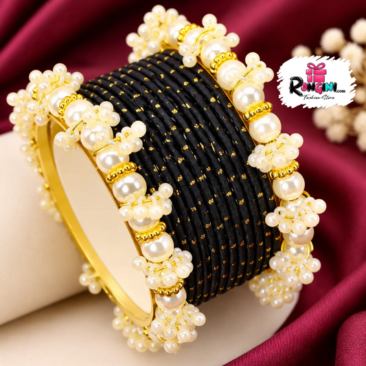 Black Thread Bangles with Pearl and Gold Tone Details