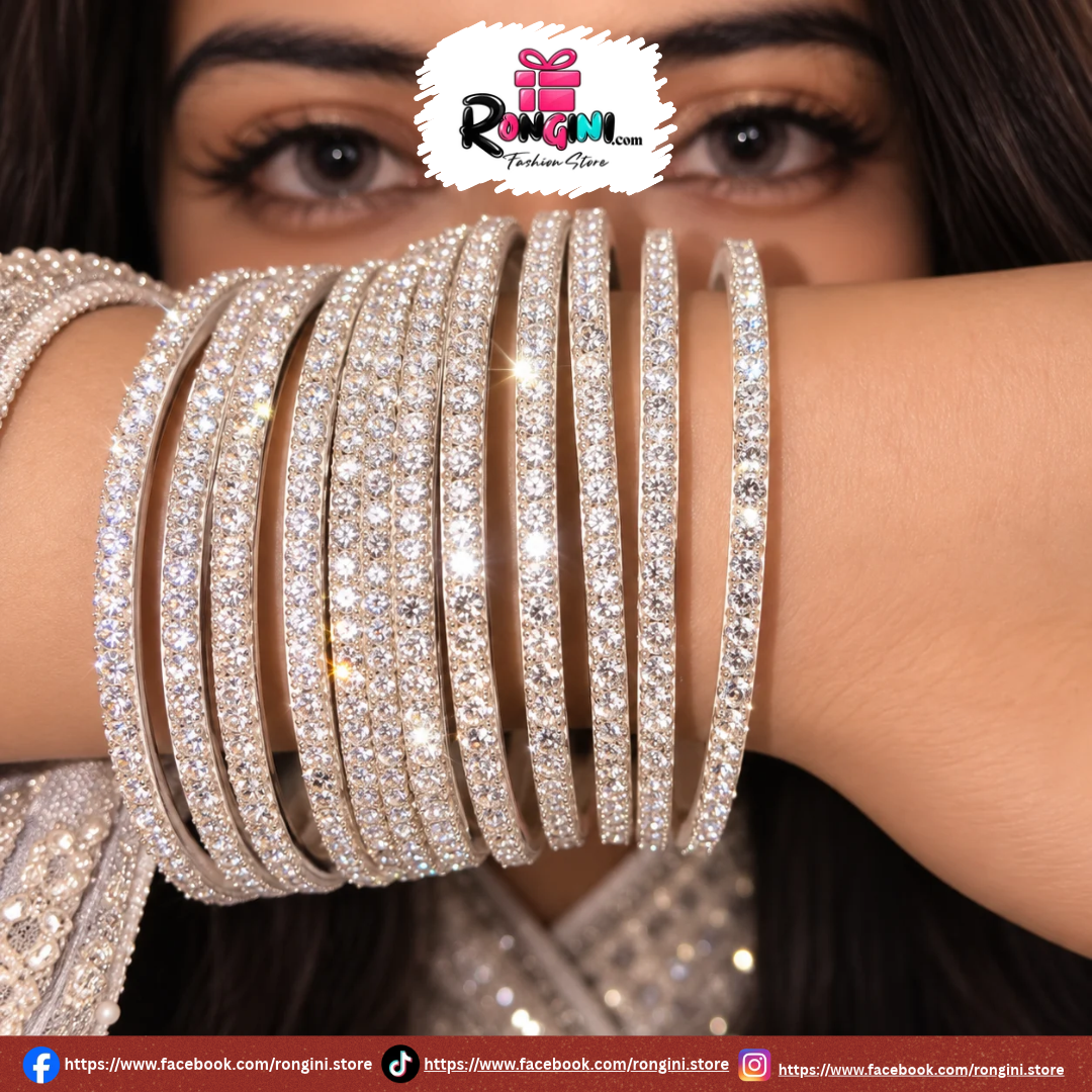 Crystal Stone Silver Tone Bangles Set for Women