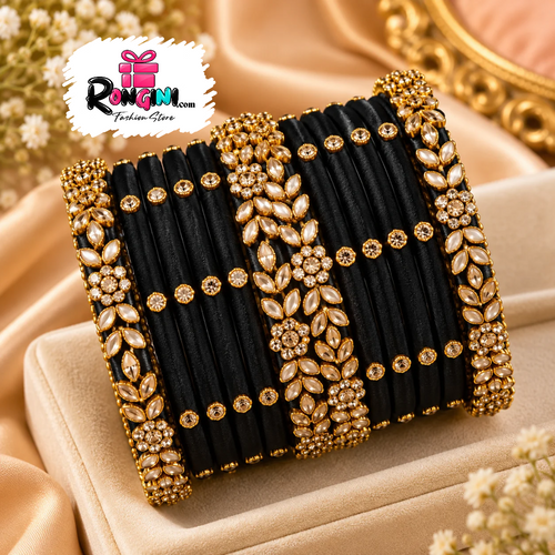 Black Velvet Kundan Bangles with Gold Tone Stone Work - Hover